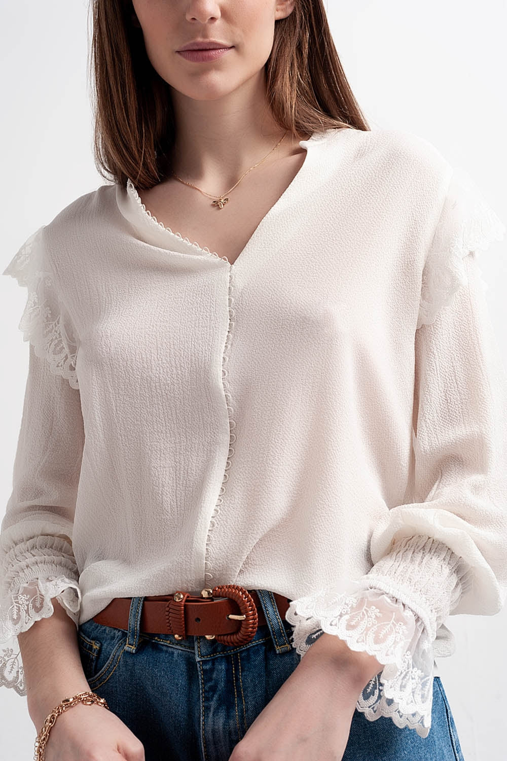 Blouse à manches volumineuses avec poignets resserrés Nacre