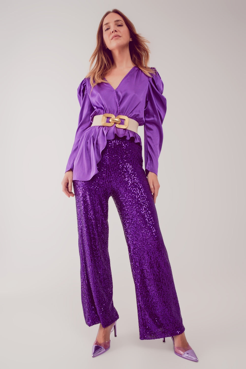 Blouse asymétrique à manches bouffantes en pourpre
