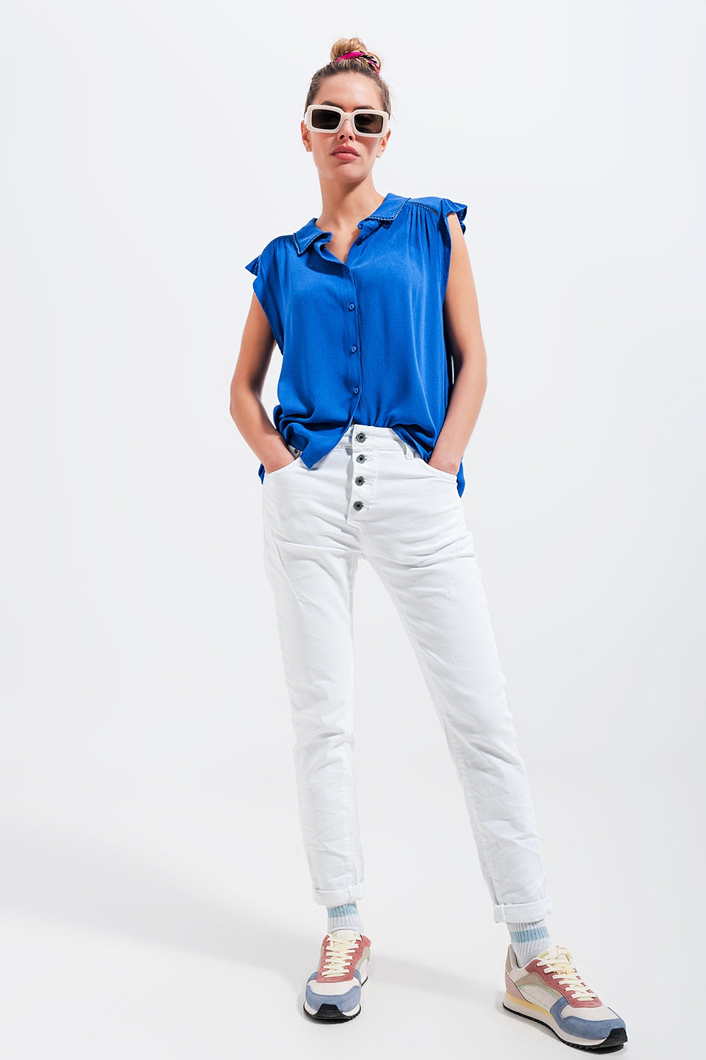Blouse avec manches volantées Bleu