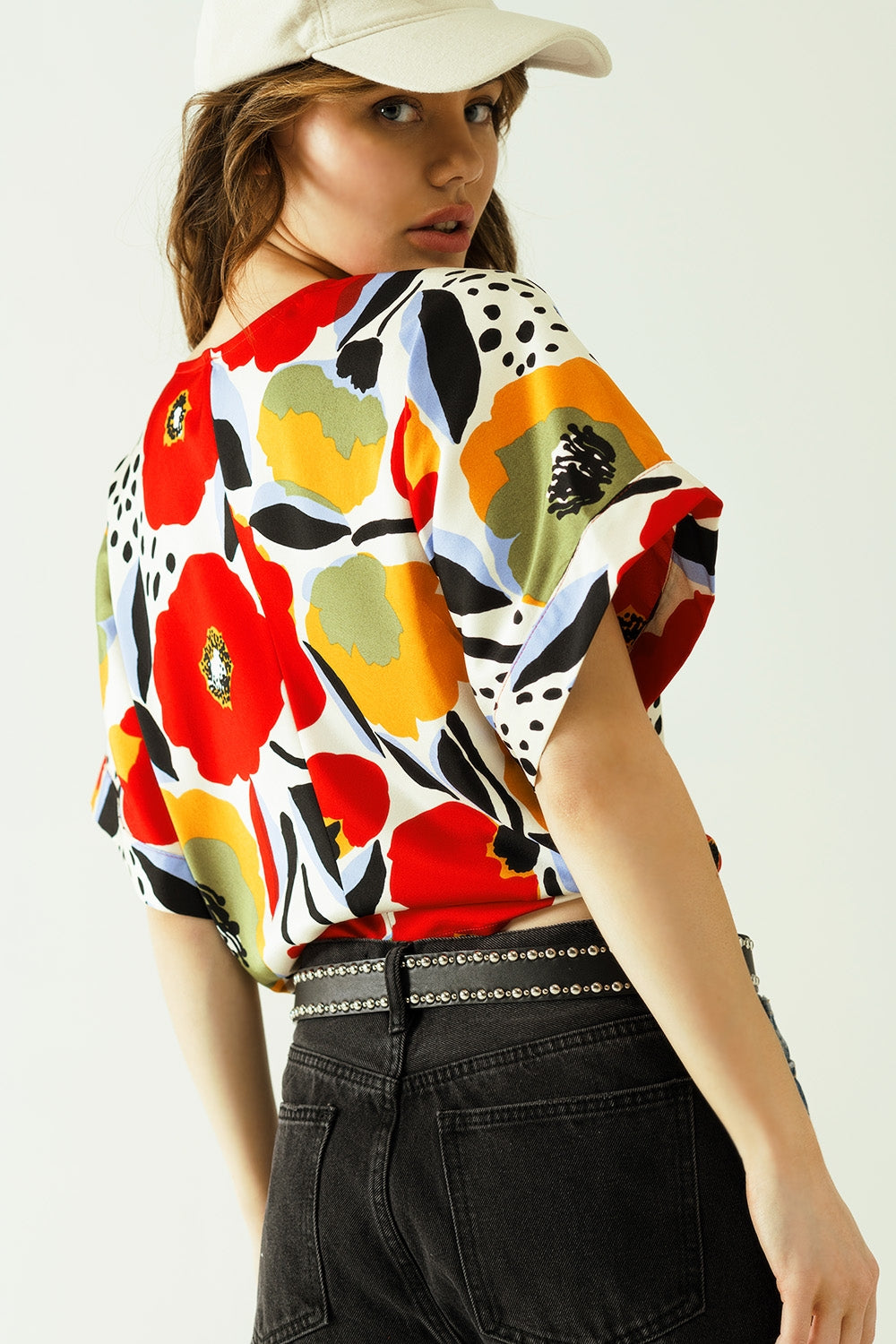 blouse blanche Relaxed à motifs de coquelicots et manches courtes