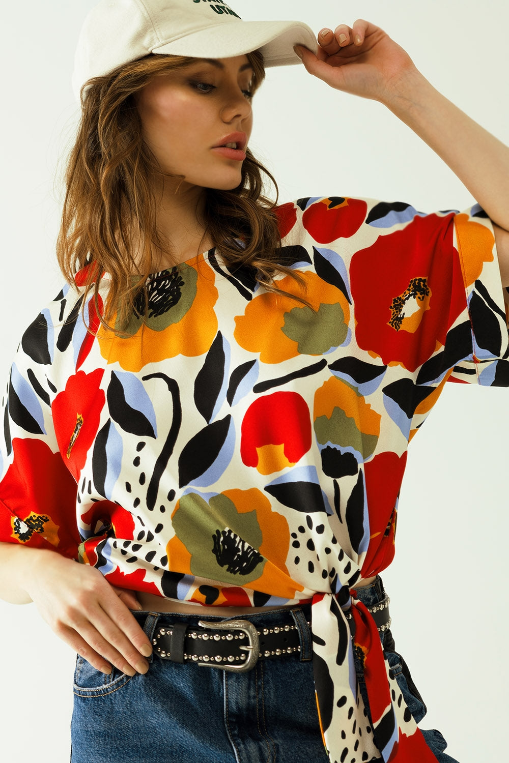 blouse blanche Relaxed à motifs de coquelicots et manches courtes