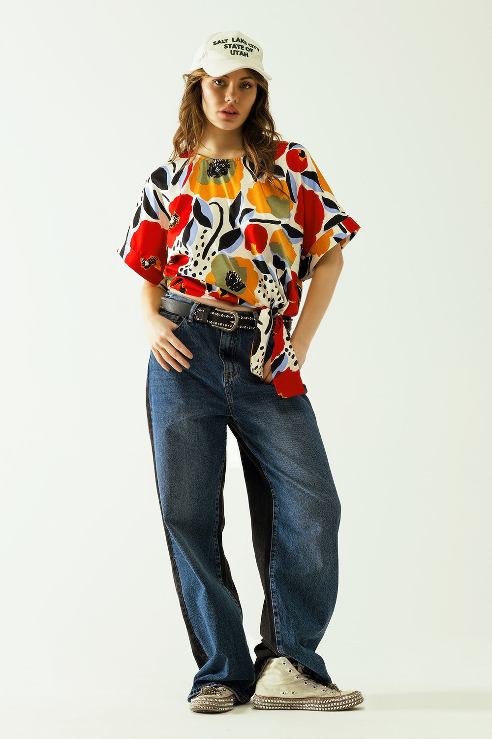blouse blanche Relaxed à motifs de coquelicots et manches courtes