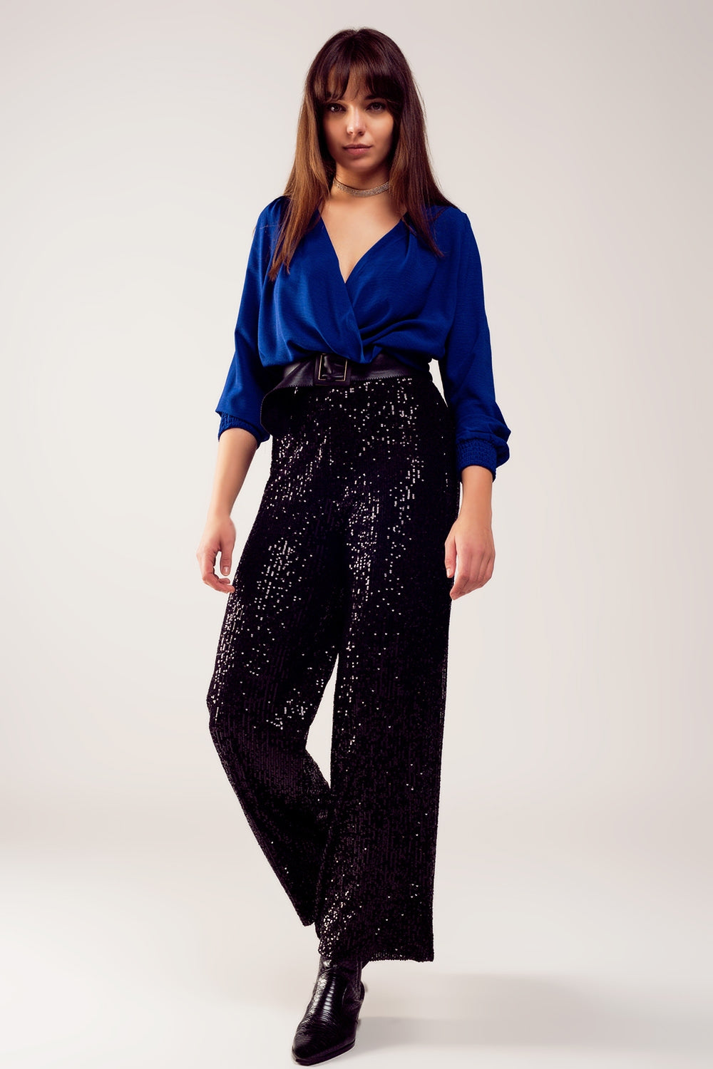 Blouse cache cœur satin avec manches longues bleu