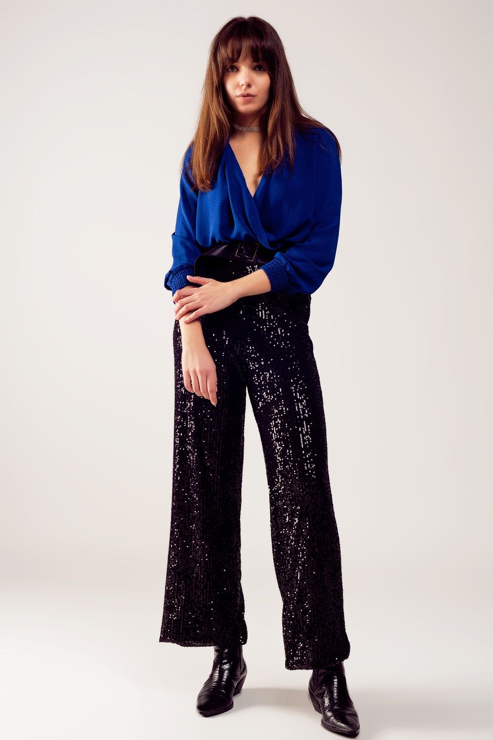 Blouse cache cœur satin avec manches longues bleu