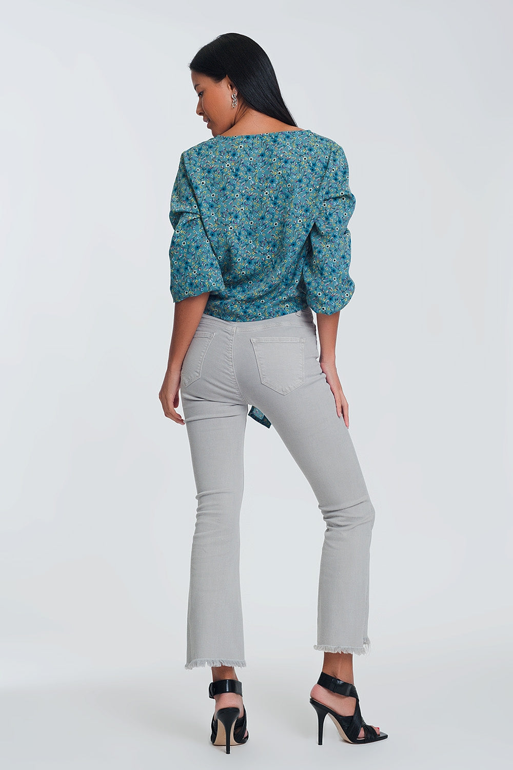 Blouse col V à manches longues boutons et imprimé fleuri vert