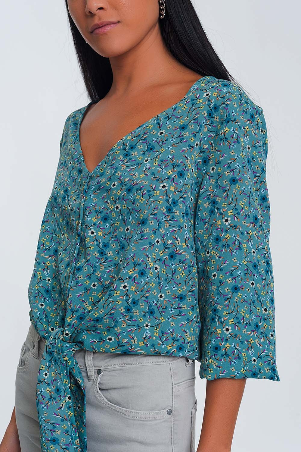 Blouse col V à manches longues boutons et imprimé fleuri vert