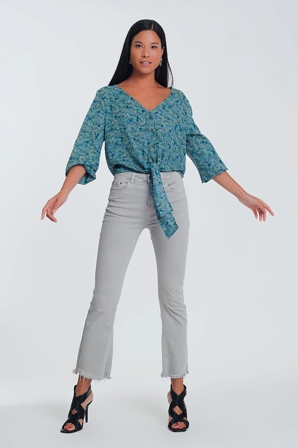 Blouse col V à manches longues boutons et imprimé fleuri vert