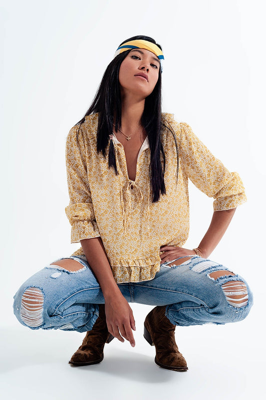 Q2 Blouse en mousseline avec lien sur le devant Imprimé à petites fleurs jaune
