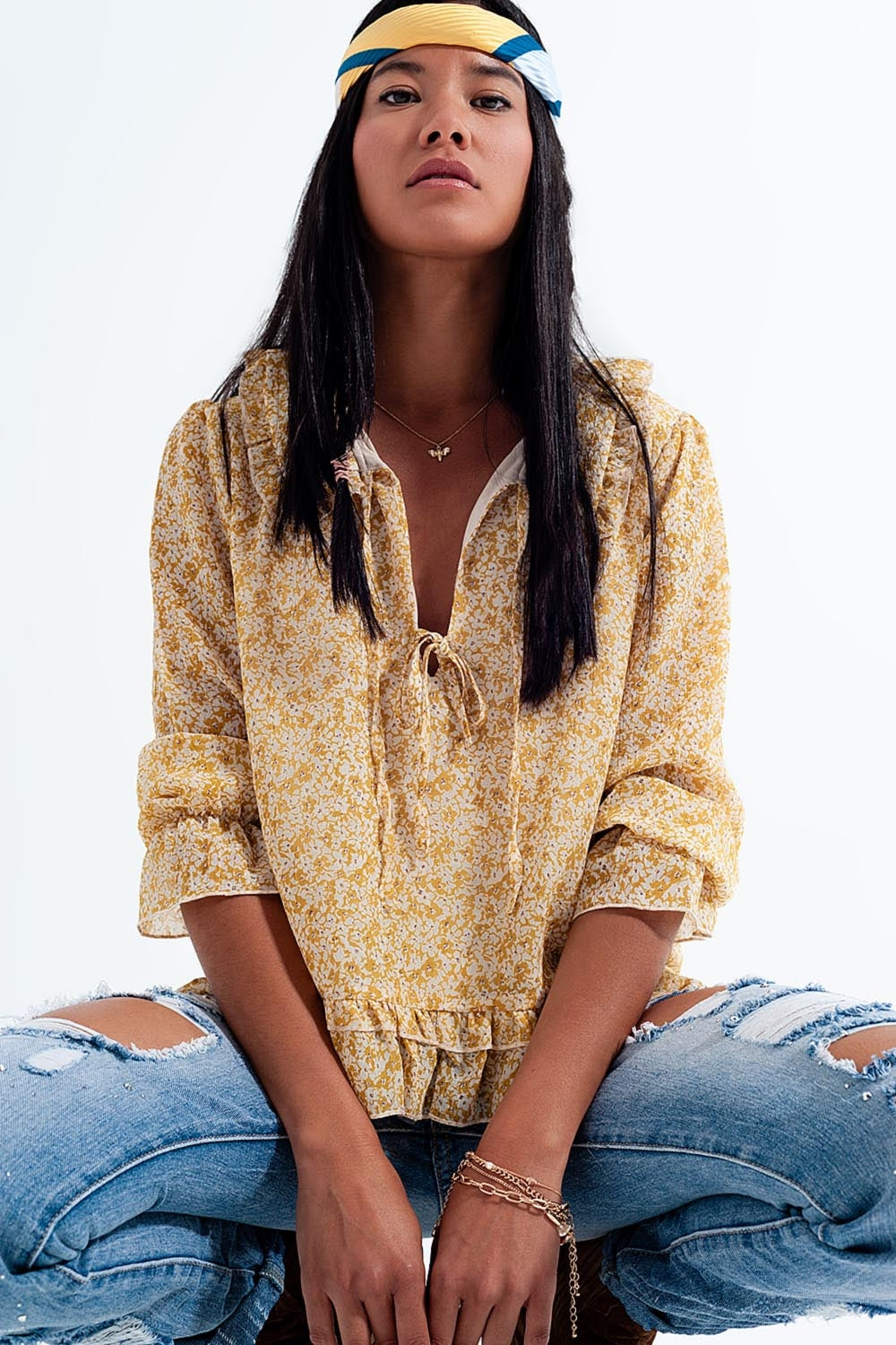 Blouse en mousseline avec lien sur le devant Imprimé à petites fleurs jaune