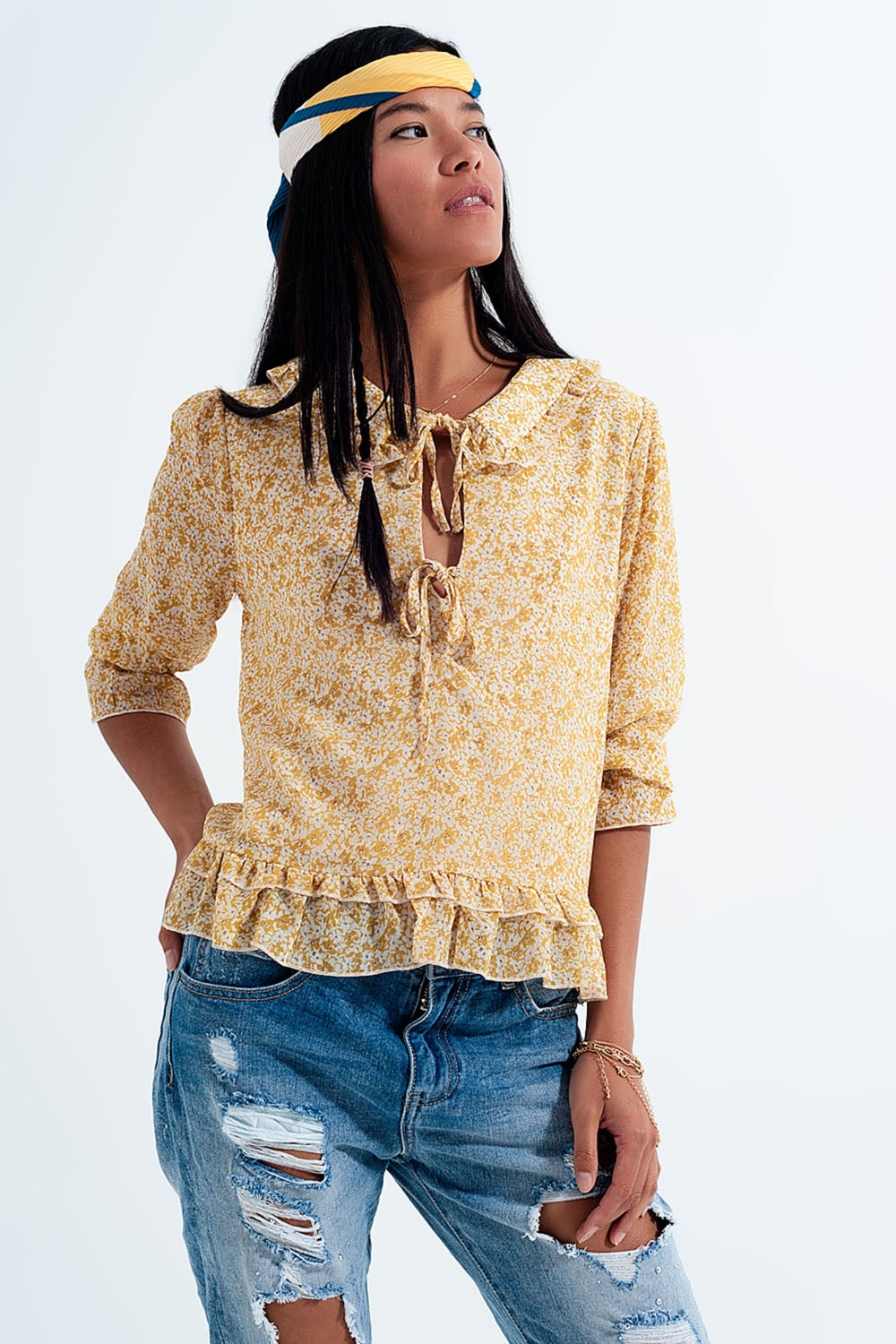 Blouse en mousseline avec lien sur le devant Imprimé à petites fleurs jaune
