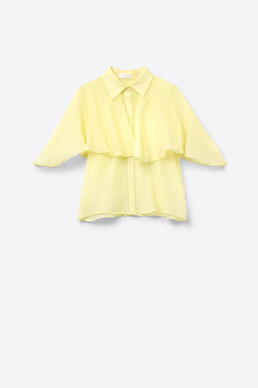 Q2 Blouse en mousseline de soie texturée jaune à manches tombantes