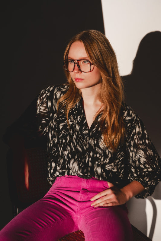 Q2 Blouse imprimé en mousseline transparente Noir et blanc