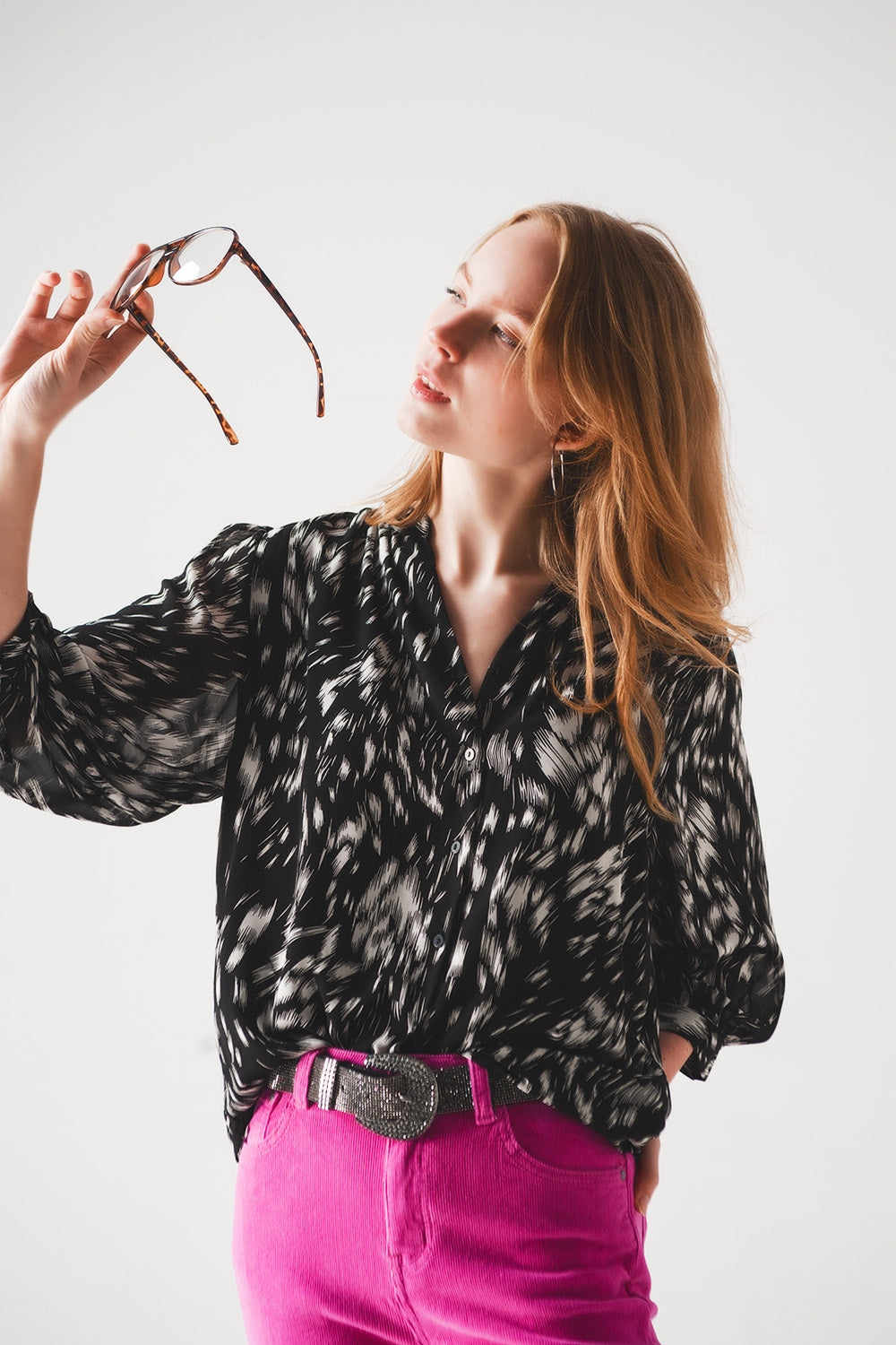 Blouse imprimé en mousseline transparente Noir et blanc