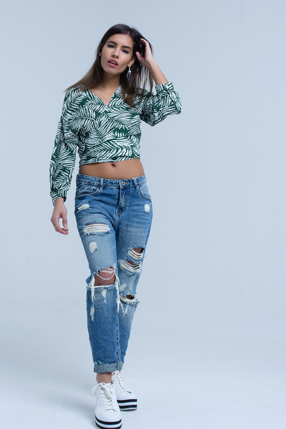 Blouse imprimée feuille verte avec col plongeant
