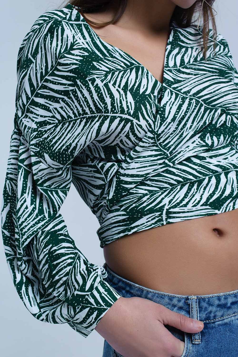 Blouse imprimée feuille verte avec col plongeant