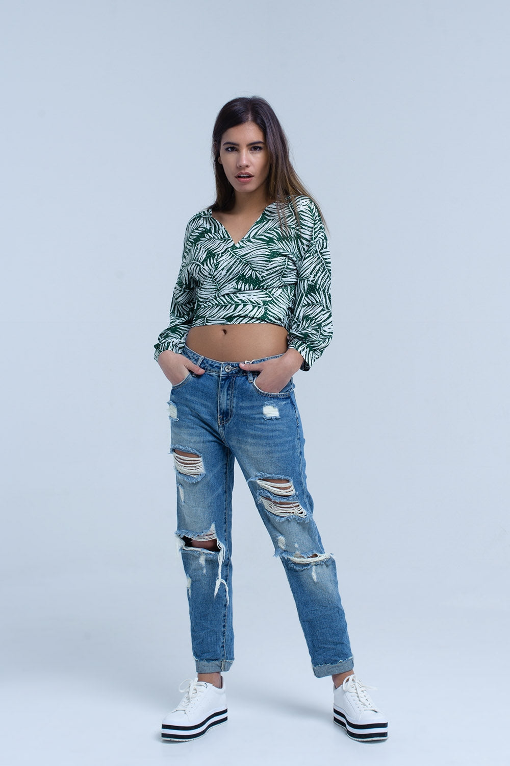 Blouse imprimée feuille verte avec col plongeant