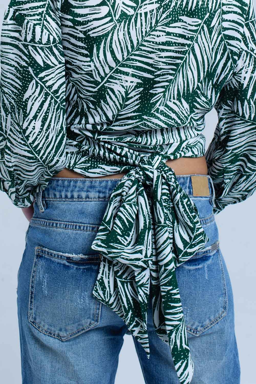 Blouse imprimée feuille verte avec col plongeant