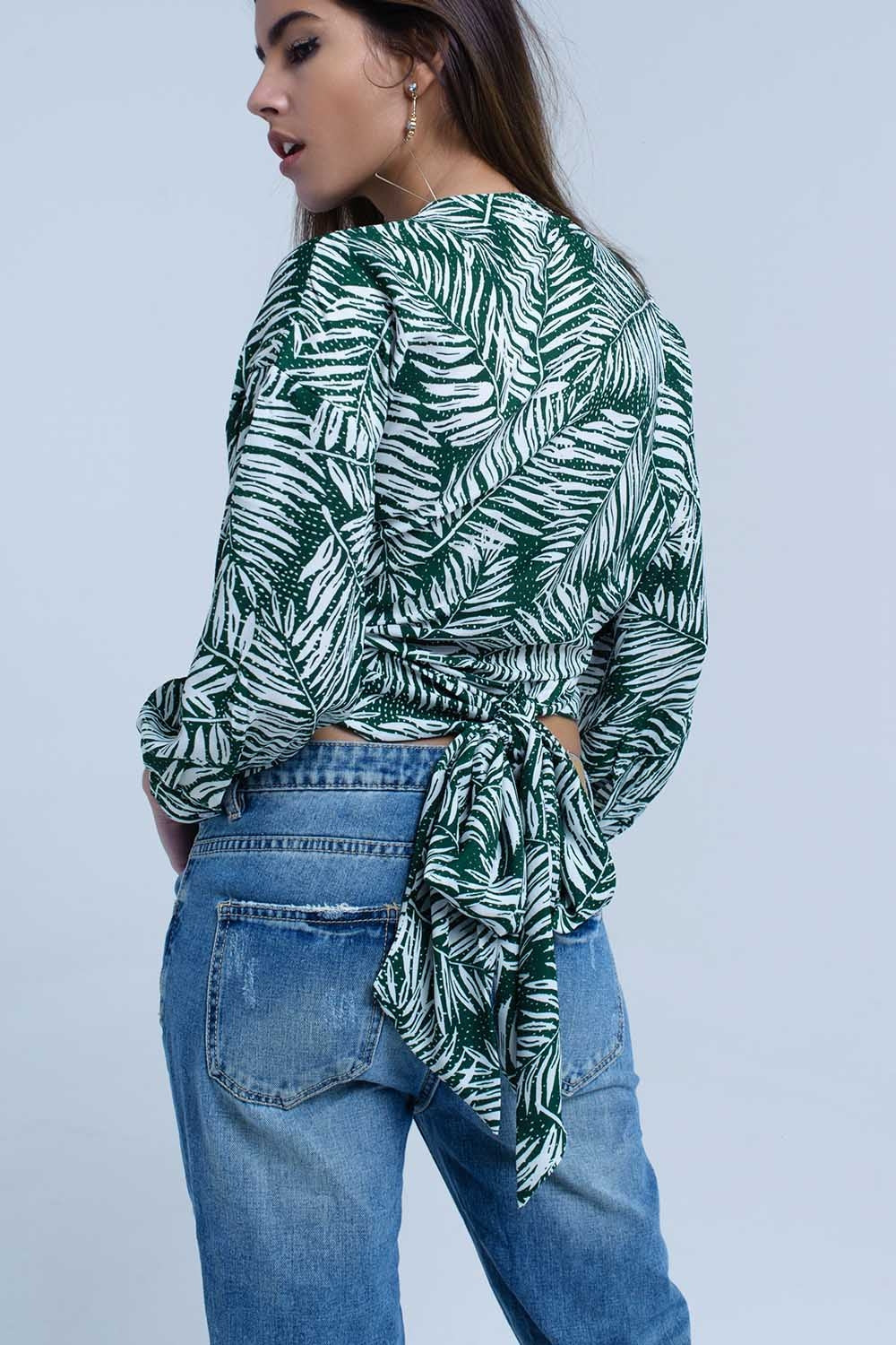 Blouse imprimée feuille verte avec col plongeant