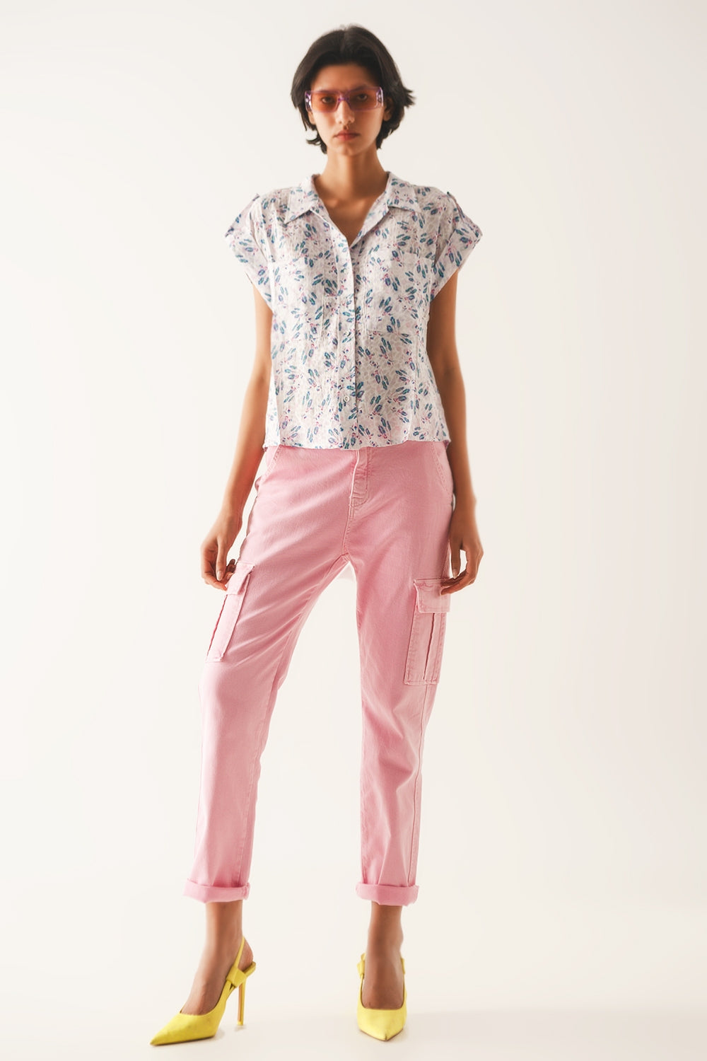 Blouse mauve avec poches et imprimé floral