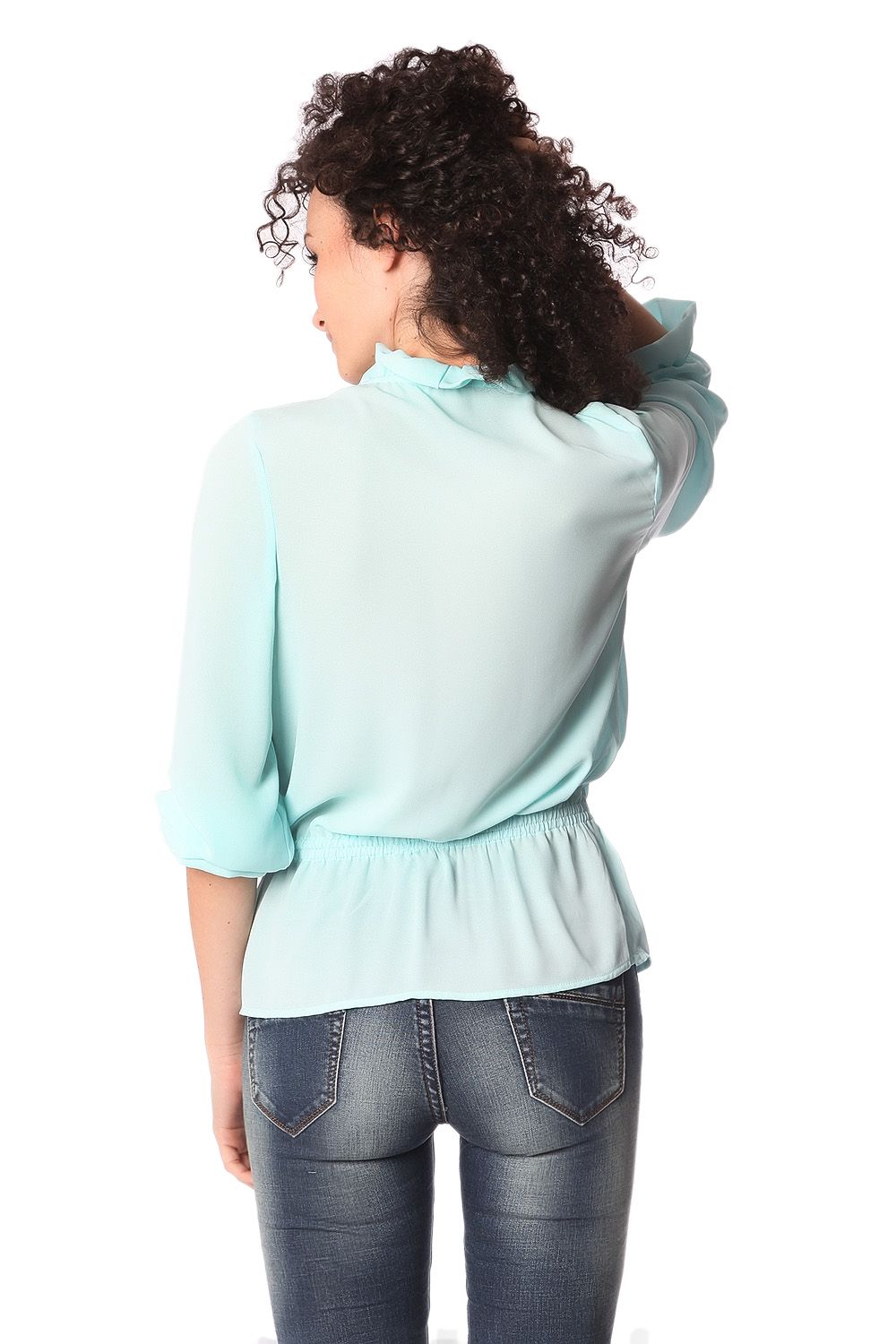 Blouse turquoise avec col volanté et lien à nouer