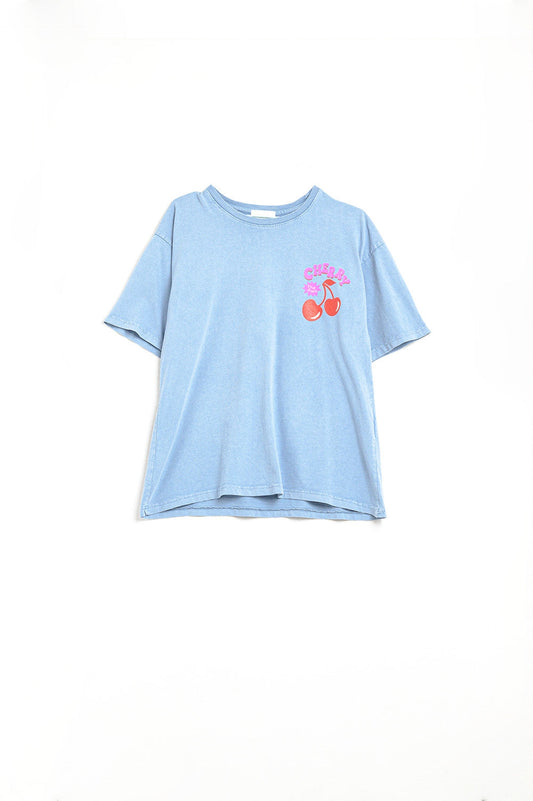 Blue T-shirt with Cherry in logo and letters