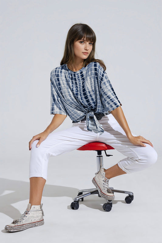 Blue Tie Dye printed t-shirt with knot on the front