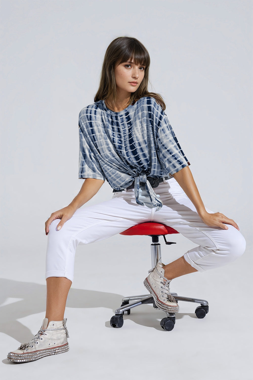 Blue Tie Dye printed t-shirt with knot on the front