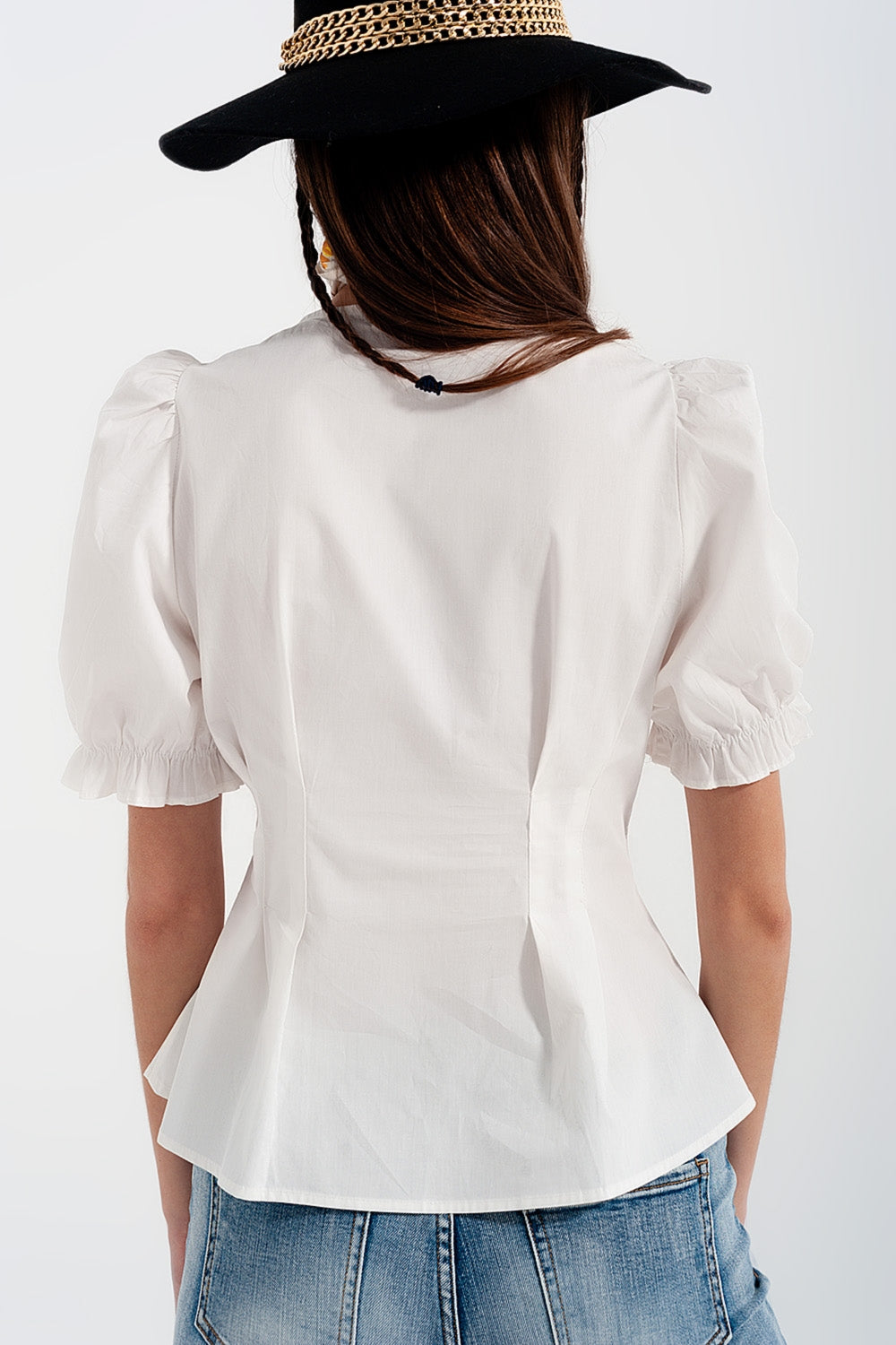 Blusa avvolgente in popeline con volant colore blanche