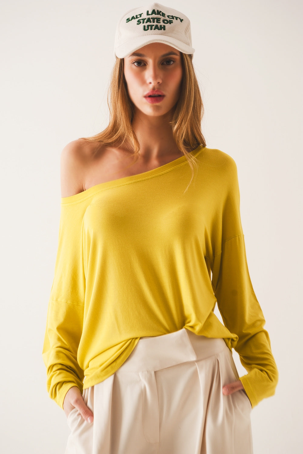 Boat neck Long sleeve t shirt in modal lime