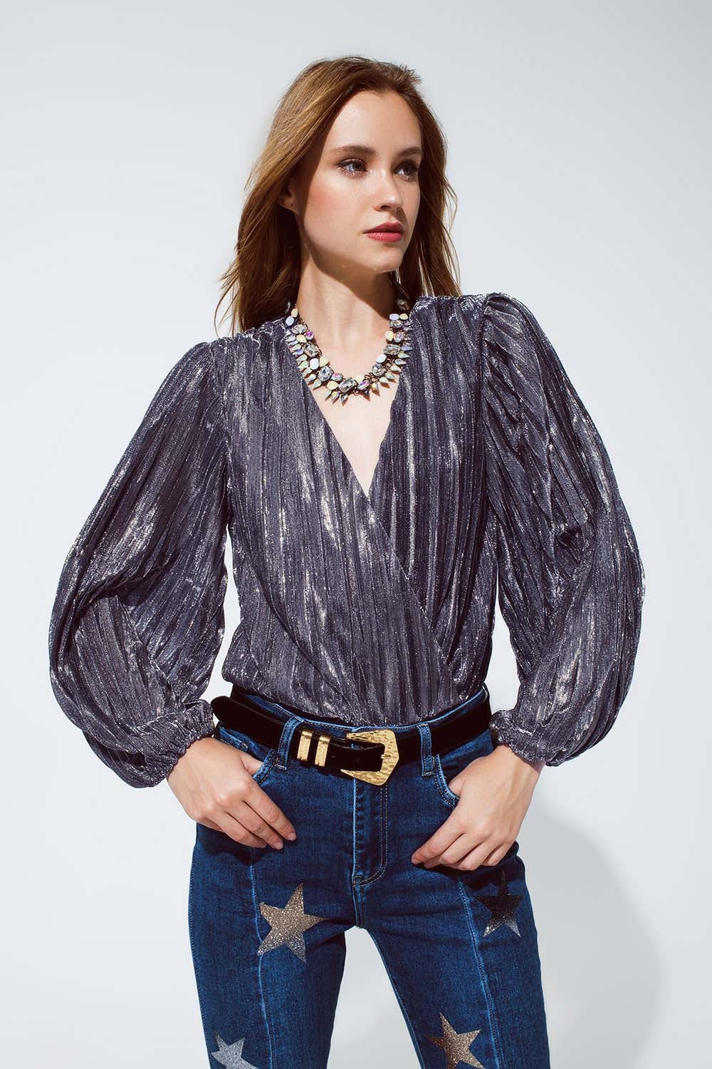 Q2 Body brillant lurex avec un Col V Profond en Argent