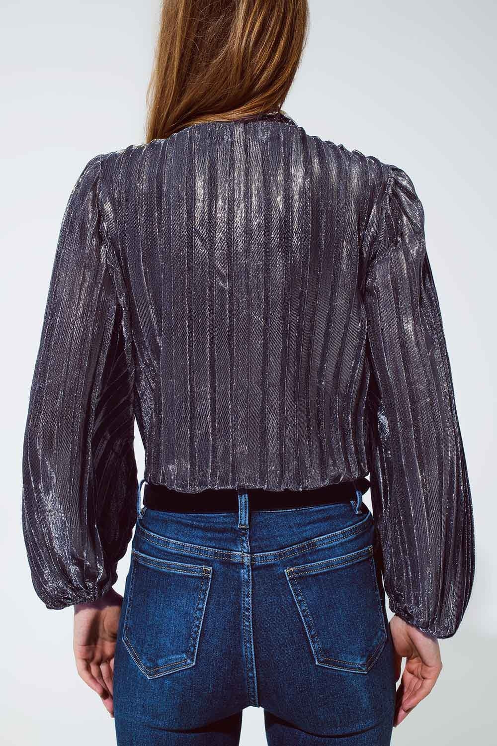 Body brillant lurex avec un Col V Profond en Argent