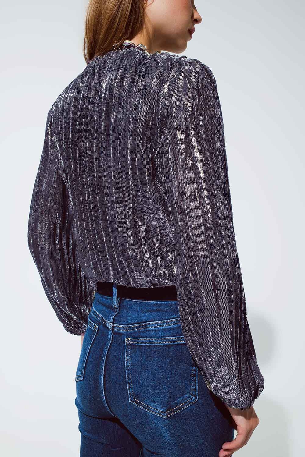 Body brillant lurex avec un Col V Profond en Argent