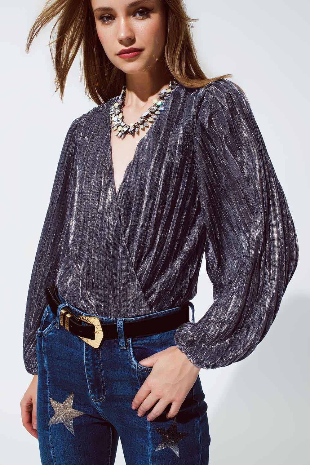 Body brillant lurex avec un Col V Profond en Argent