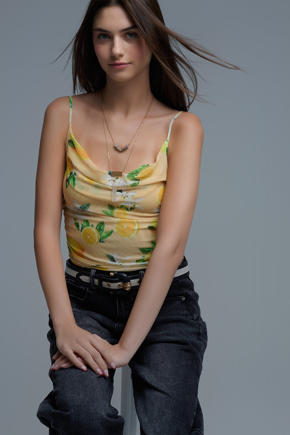 Body jaune avec imprimé citron en maille