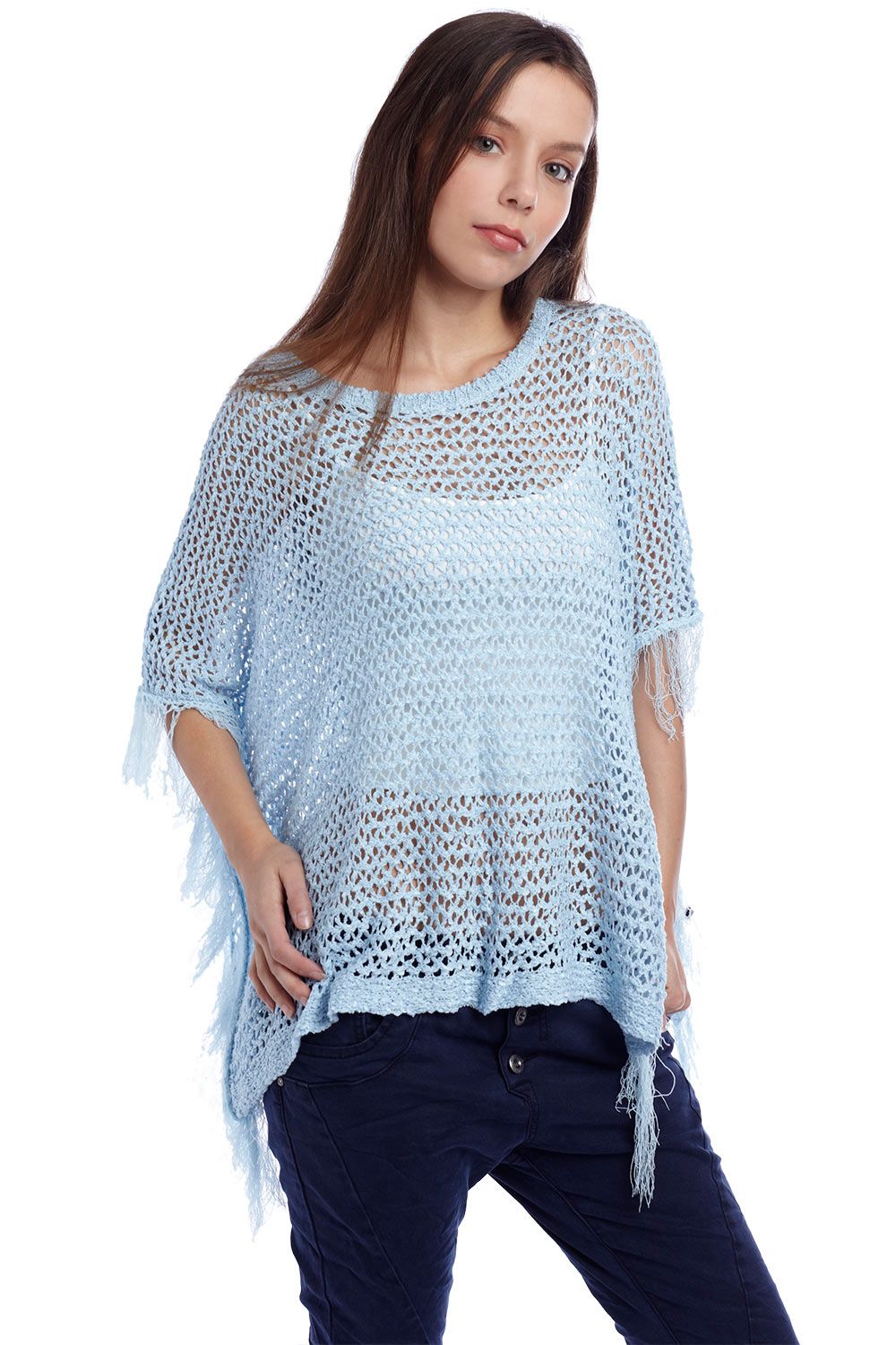 Q2 Cape style poncho avec franges bleu