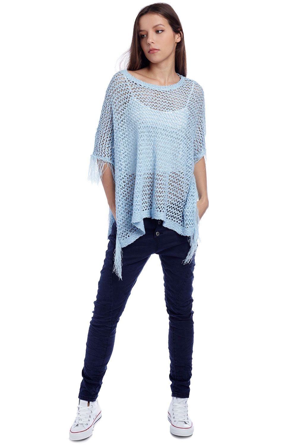 Cape style poncho avec franges bleu