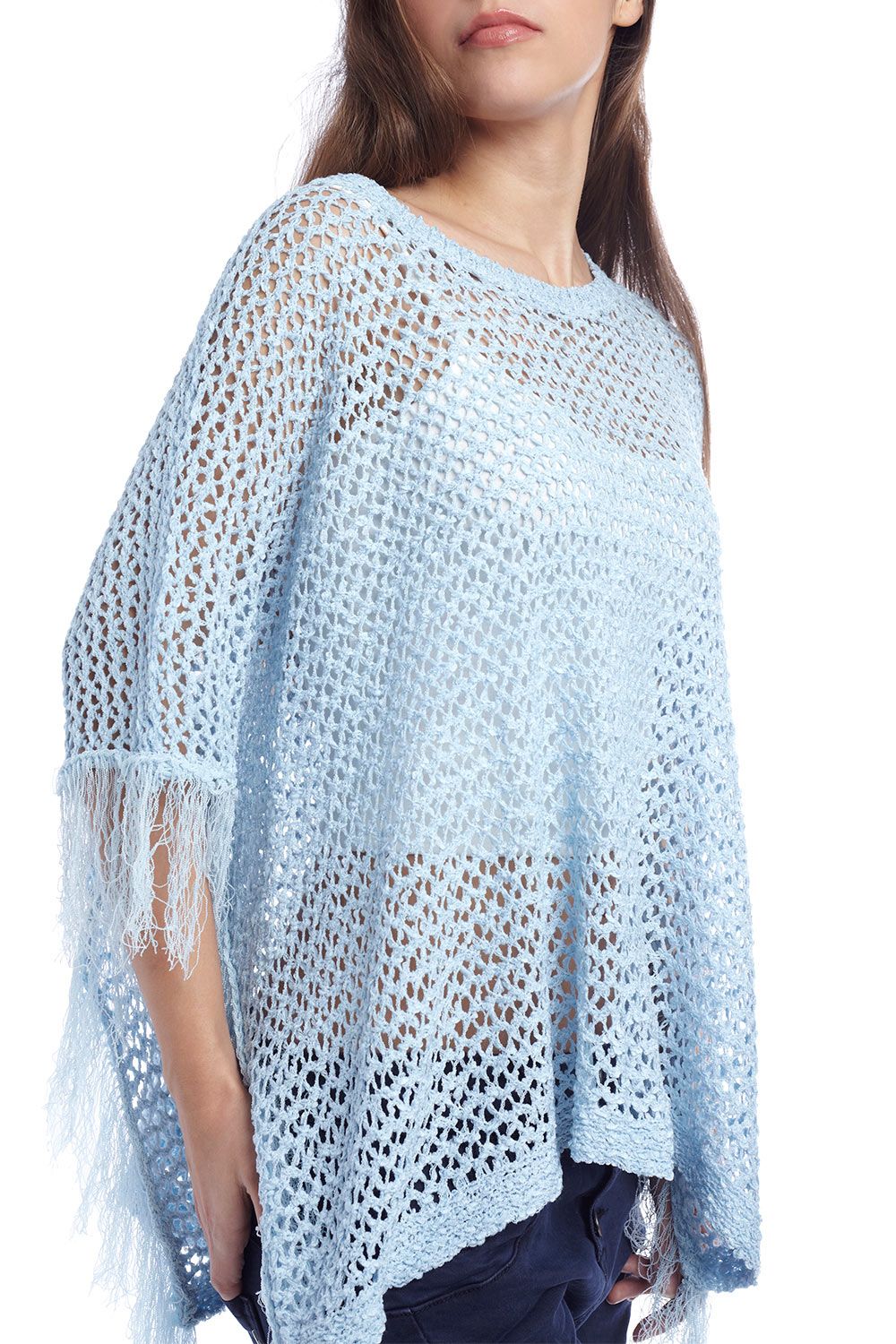 Cape style poncho avec franges bleu