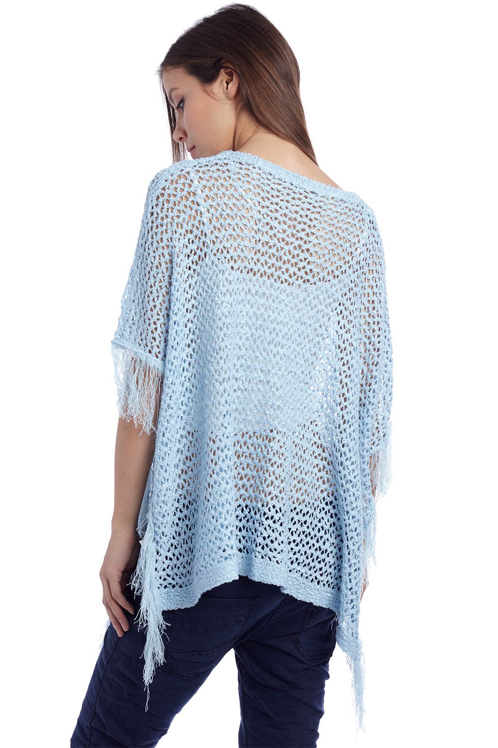 Cape style poncho avec franges bleu