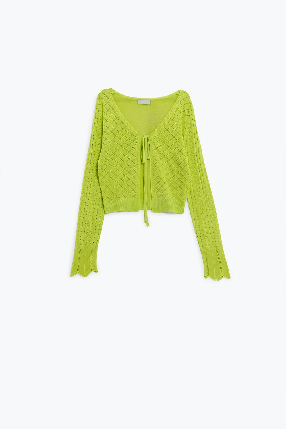 Q2 Cardigan citron vert avec imprimé Argyle et fermeture à cravate