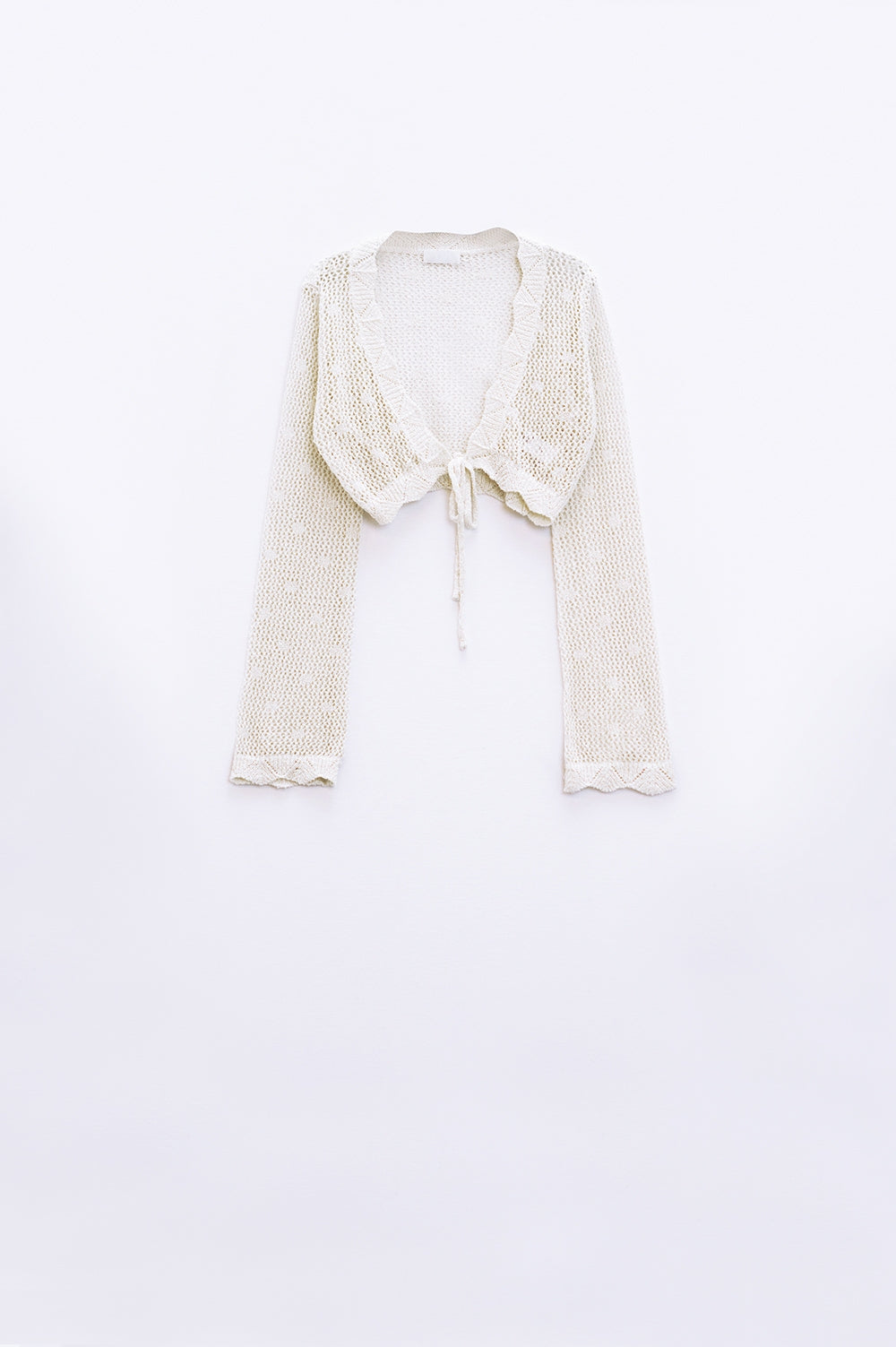 Q2 cardigan court en crochet beige avec détails en lurex