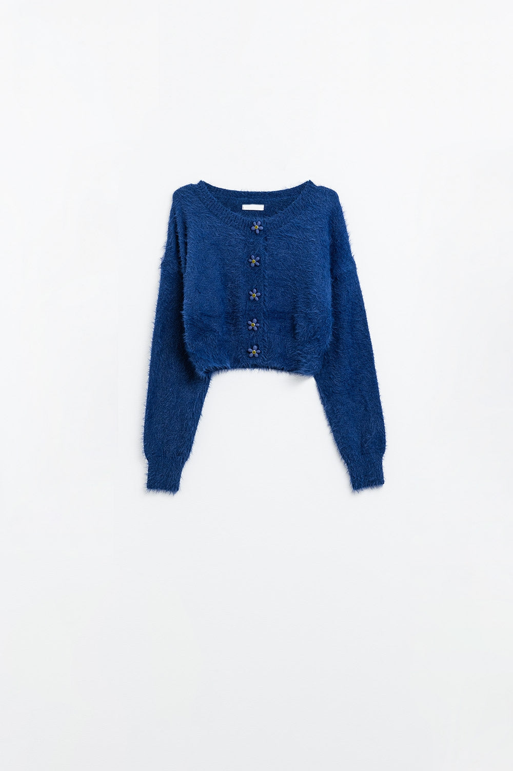 Q2 Cardigan court et moelleux avec boutons fleuris