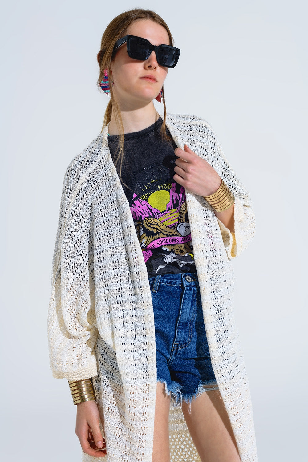 Cardigan crème style bohème en maille pointelle à rayures et détails à franges