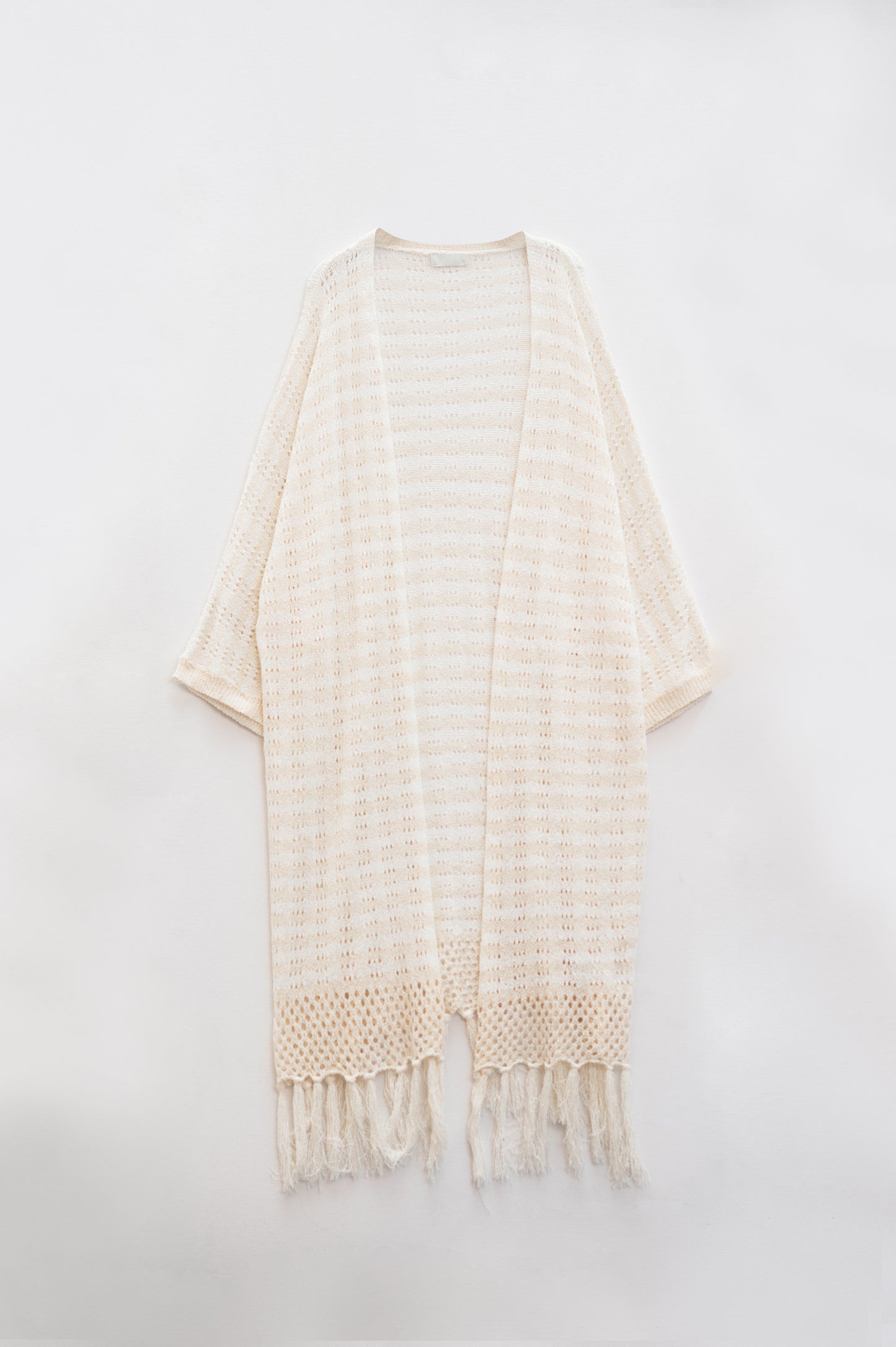 Cardigan crème style bohème en maille pointelle à rayures et détails à franges