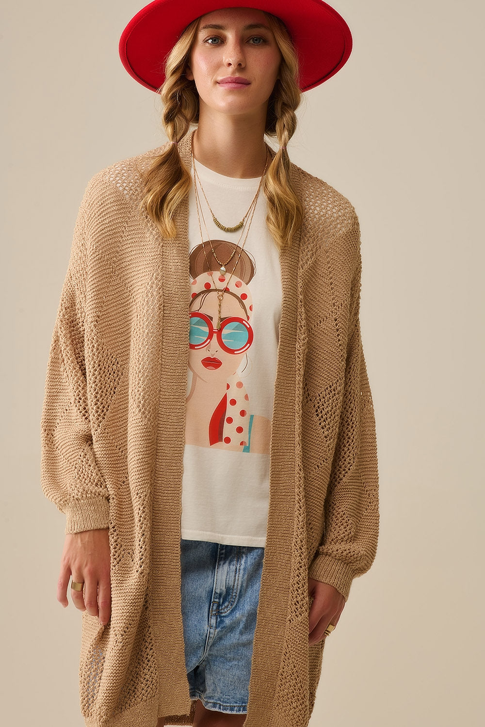 Cardigan drapé camel avec motif au crochet