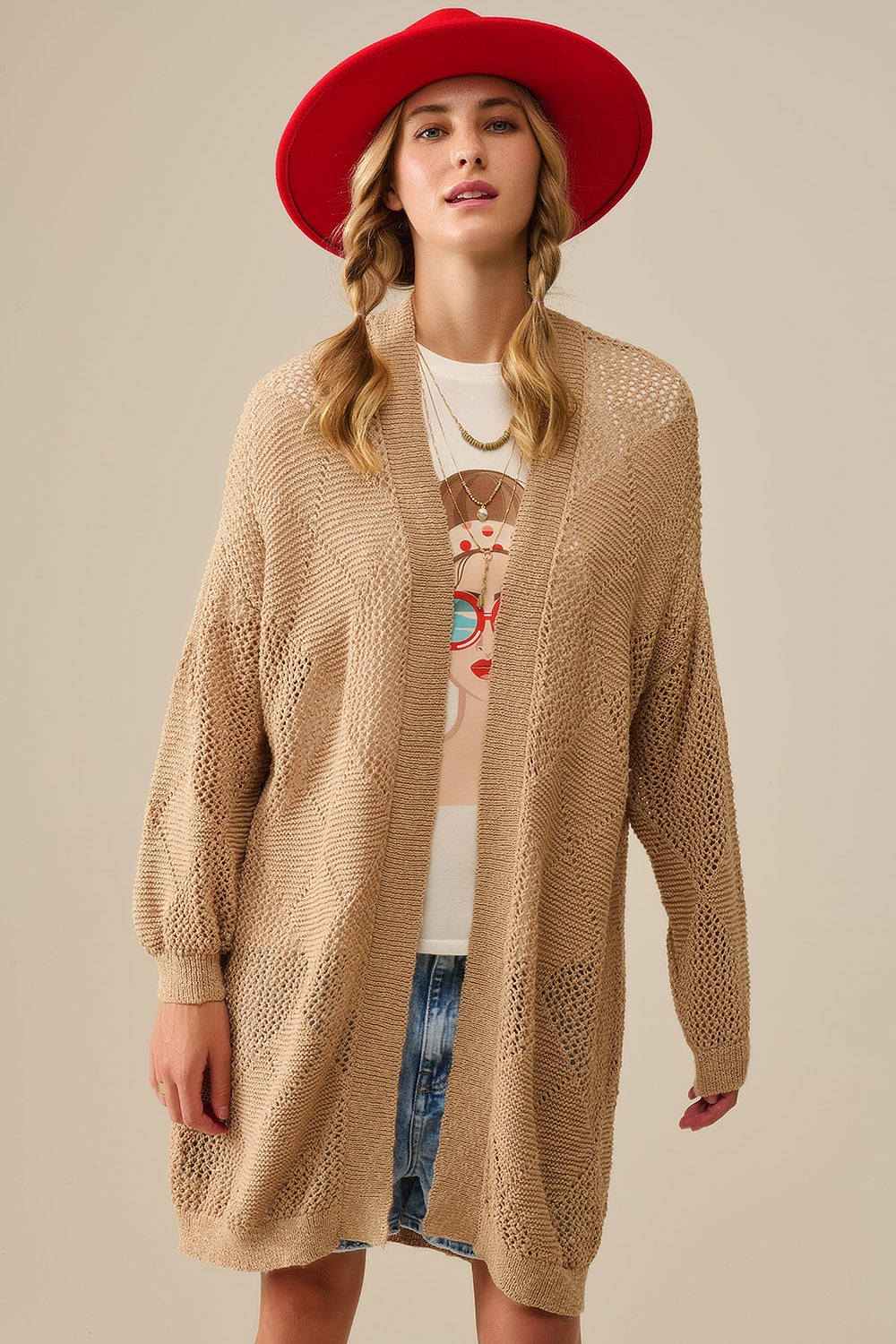 Cardigan drapé camel avec motif au crochet