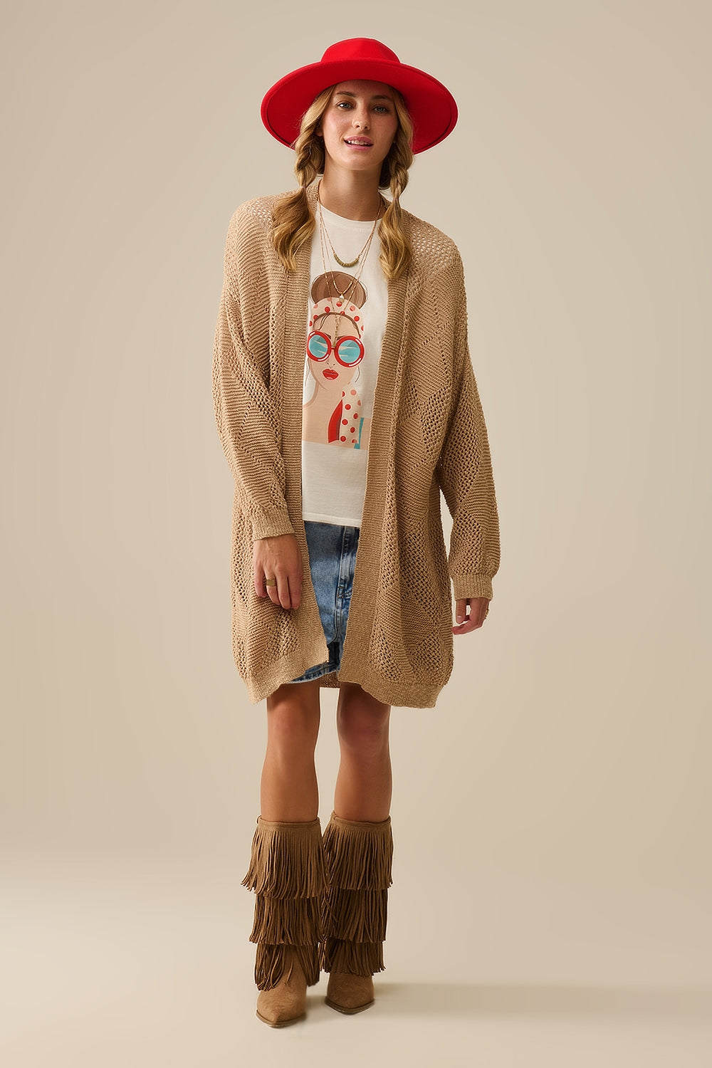 Cardigan drapé camel avec motif au crochet