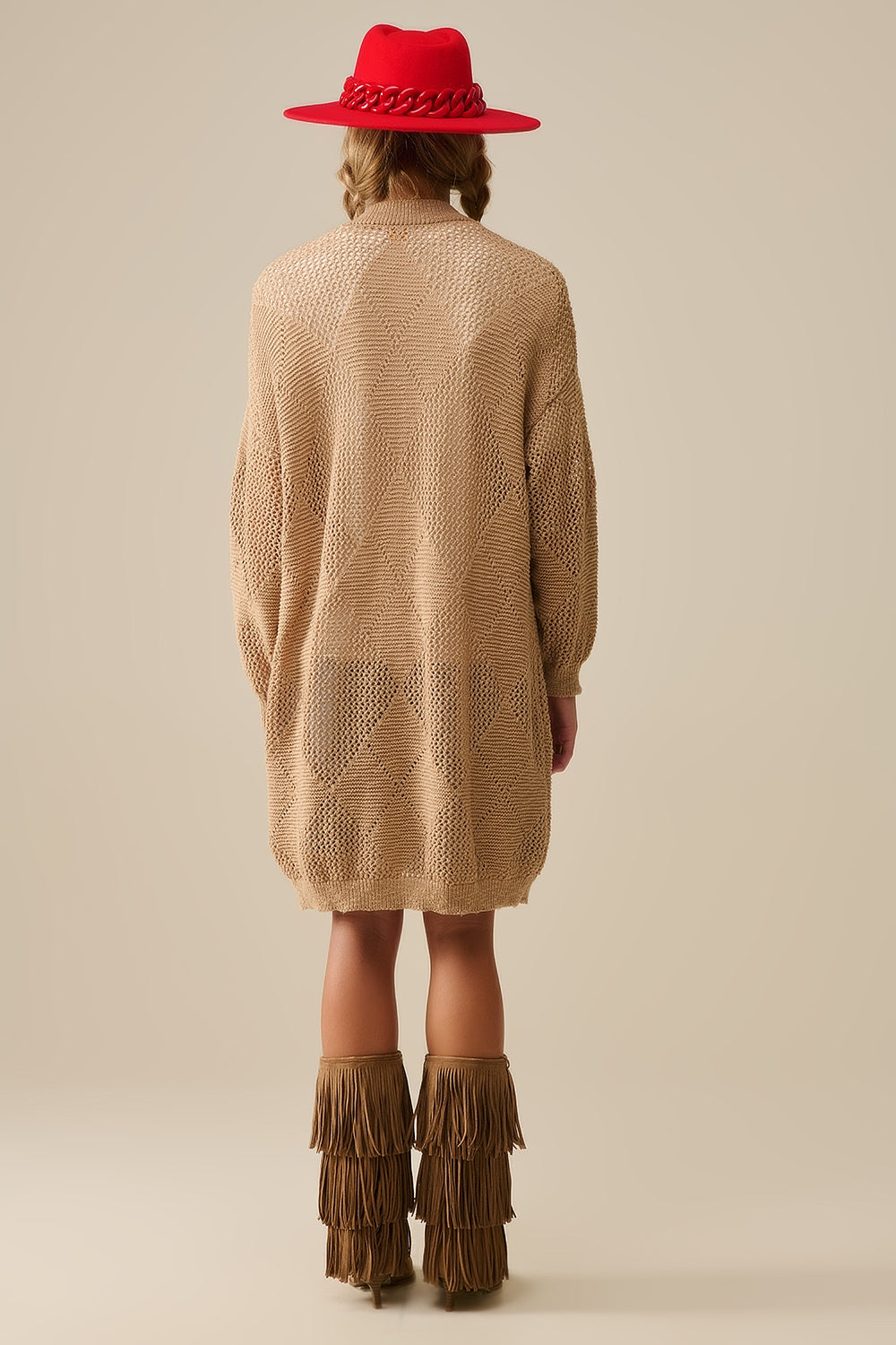 Cardigan drapé camel avec motif au crochet