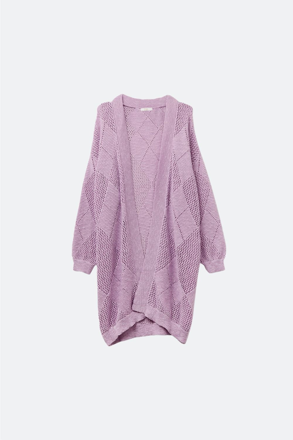 Q2 Cardigan drapé lavande avec motif au crochet
