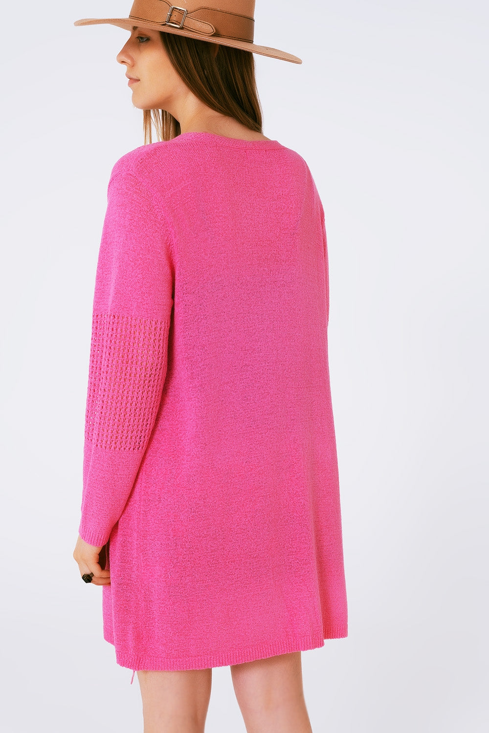 Cardigan mi long en crochet avec cordon de serrage en Rose