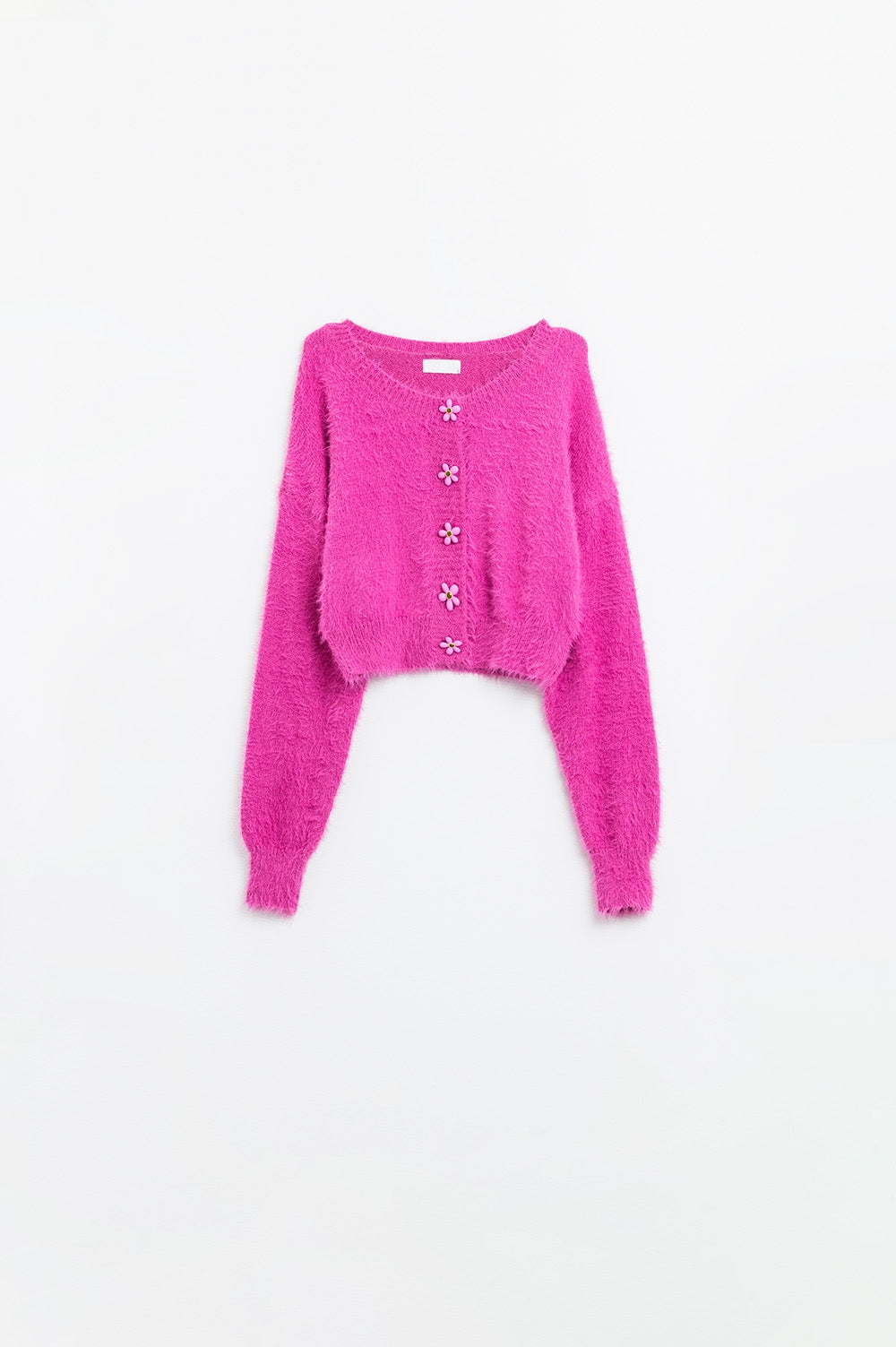 Q2 Cardigan rose court et moelleux avec boutons en forme de fleurs